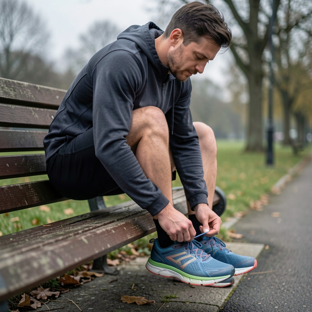 Running shoes and a water bottle on a quiet urban pavement at dawn, mist in the background, soft overcast morning light